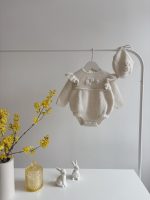 Embroidered Baby Alpaca Romper and Bonnet Set - Cream Knit Outfit - Image 2
