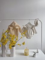 Embroidered Baby Alpaca Romper and Bonnet Set - Cream Knit Outfit - Image 9
