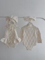Knitted Baby Romper and Bonnet Set – Cream Cotton, Long Sleeve - Image 8