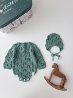 Cotton Knit Baby Romper Set – Green Bonnet - Image 2