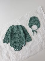 Cotton Knit Baby Romper Set – Green Bonnet - Image 4