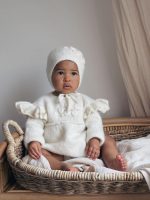 Embroidered Merino Baby Romper and Bonnet Set