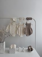 Cotton Baby Romper Set – Camel Knit Bonnet & Booties, Mink Pom Poms - Image 8
