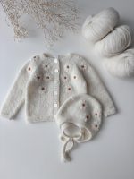 Embroidered Baby Cardigan and Bonnet Set – Cream Alpaca Knit - Image 2