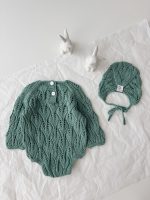 Cotton Knit Baby Romper Set – Green Bonnet - Image 6