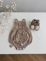 Cotton Baby Romper Set – Camel Knit Bonnet & Booties, Mink Pom Poms - Image 4