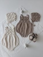 Cotton Baby Romper Set – Camel Knit Bonnet & Booties, Mink Pom Poms - Image 9