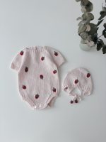 Baby Girl Romper and Bonnet Set – Strawberry Embroidery, Cotton Knit - Image 2