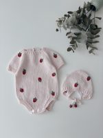 Baby Girl Romper and Bonnet Set – Strawberry Embroidery, Cotton Knit - Image 3