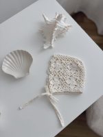 Hand Crochet Baby Bonnet – Cream Merino Flower Design - Image 4