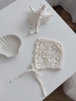 Hand Crochet Baby Bonnet – Cream Merino Flower Design - Image 2