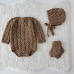 Hand Knitted Brown Merino Baby Romper Set - Bonnet & Socks