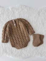 Hand Knitted Brown Merino Baby Romper Set - Bonnet & Socks - Image 5