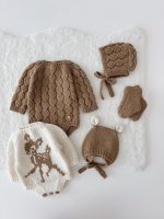 Hand Knitted Brown Merino Baby Romper Set - Bonnet & Socks - Image 9