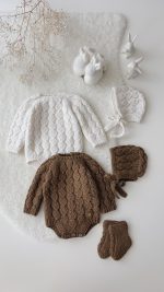 Hand Knitted Brown Merino Baby Romper Set - Bonnet & Socks - Image 7