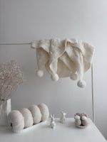 Hand Knit Cream Alpaca Baby Blanket – Genuine Fur Pom Poms - Image 2