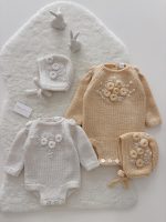 Embroidered Merino Baby Romper Set – Bonnet and Booties, Newborn Photo Prop - Image 9