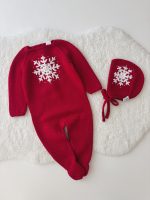 Knit Merino Baby Romper and Bonnet Set – Red Snowflake Outfit