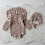 Merino Wool Knit Baby Romper and Bonnet Set - Beige Photo Prop