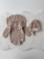 Merino Wool Knit Baby Romper and Bonnet Set - Beige Photo Prop