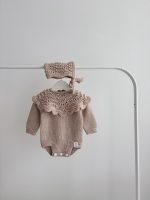 Merino Wool Knit Baby Romper and Bonnet Set - Beige Photo Prop - Image 9