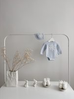 Merino Knit Baby Romper and Bonnet Set – Pale Blue Snowflake Outfit - Image 4