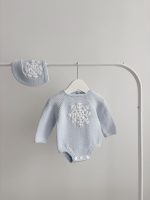 Merino Knit Baby Romper and Bonnet Set – Pale Blue Snowflake Outfit - Image 2