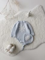 Merino Knit Baby Romper and Bonnet Set – Pale Blue Snowflake Outfit