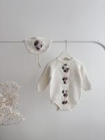 Merino Baby Romper Set, Embroidered Flowers, Bonnet and Socks - Image 5