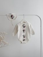Merino Baby Romper Set, Embroidered Flowers, Bonnet and Socks - Image 7