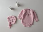Embroidered Merino Baby Romper and Bonnet – Newborn Photo Prop Set - Image 6
