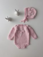 Embroidered Merino Baby Romper and Bonnet – Newborn Photo Prop Set - Image 8