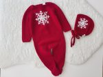 Knit Merino Baby Romper and Bonnet Set – Red Snowflake Outfit - Image 6
