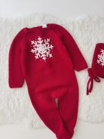 Knit Merino Baby Romper and Bonnet Set – Red Snowflake Outfit - Image 7