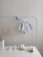 Merino Knit Baby Romper and Bonnet Set – Pale Blue Snowflake Outfit - Image 7