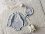 Merino Knit Baby Romper and Bonnet Set – Pale Blue Snowflake Outfit - Image 3
