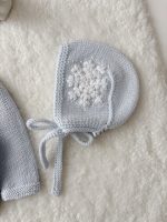 Merino Knit Baby Romper and Bonnet Set – Pale Blue Snowflake Outfit - Image 5