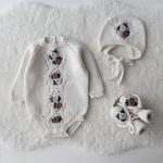 Merino Baby Romper Set, Embroidered Flowers, Bonnet and Socks