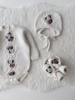 Merino Baby Romper Set, Embroidered Flowers, Bonnet and Socks - Image 2