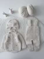 Knit Alpaca Baby Cardigan Romper & Bonnet Set – Cream outfit with bee embroidery - Image 7