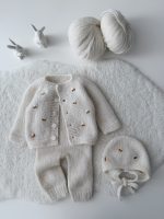 Knit Alpaca Baby Cardigan Romper & Bonnet Set – Cream outfit with bee embroidery - Image 9