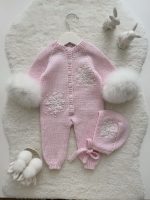 0-3 months Knit Merino Baby Romper and Bonnet Set - with Genuine Fur Trim - Image 10