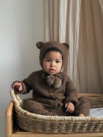 Set of 2 Baby Alpaca Bear Bonnet & Romper Set – Brown - Image 12