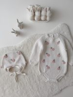 Hand Knit Merino Baby Romper and Bonnet Set – Embroidery