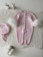 0-3 months Knit Merino Baby Romper and Bonnet Set - with Genuine Fur Trim - Image 8