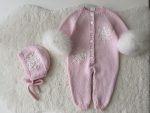 0-3 months Knit Merino Baby Romper and Bonnet Set - with Genuine Fur Trim - Image 6