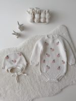 Hand Knit Merino Baby Romper and Bonnet Set – Embroidery - Image 2