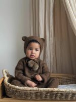 Set of 2 Baby Alpaca Bear Bonnet & Romper Set – Brown - Image 2