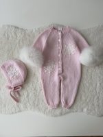 0-3 months Knit Merino Baby Romper and Bonnet Set - with Genuine Fur Trim - Image 2