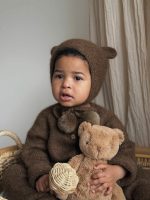 Set of 2 Baby Alpaca Bear Bonnet & Romper Set – Brown - Image 8